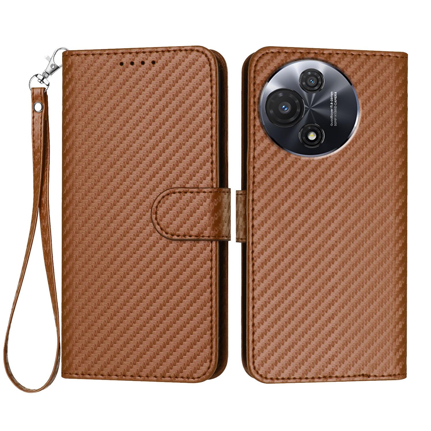 

For TCL 60R 5G Wallet Case with Strap Carbon Fiber Texture Leather Mobile Cover Coffee