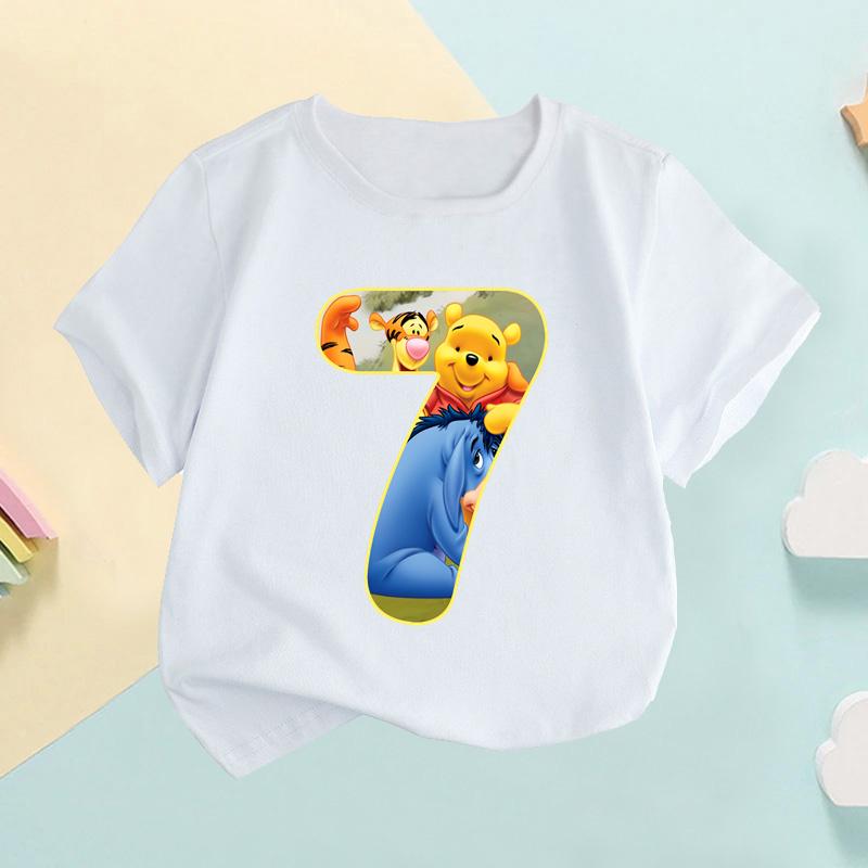 Winnie the Pooh Cute Bear Number Print Kids T shirt Girls Clothes 1 2 3 4 5 6 7 8 9 Years Birthday Baby Boys TShirtsHKP2756
