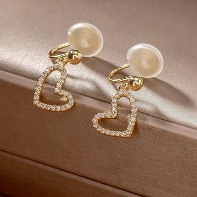 Love Heart Rhinestone Mosquito Coil Ear Clip Without Piercing Female Sweet Earrings Cute Clip Earrings Type Earrings Drop