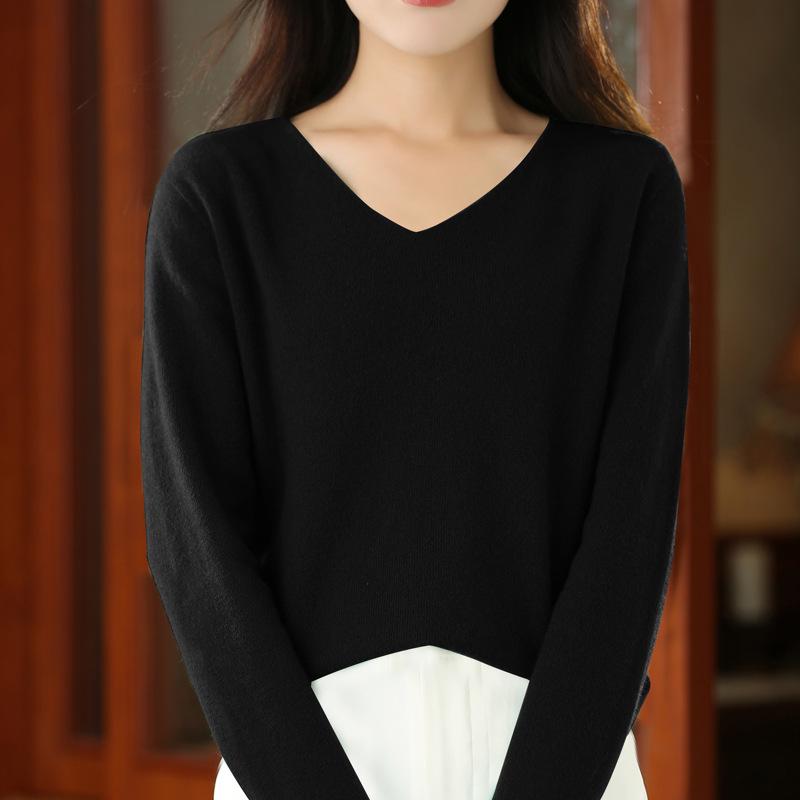 Women's V-Neck Seamless Wool Sweater - Loose, 100% Cashmere Knit for Autumn/Winter