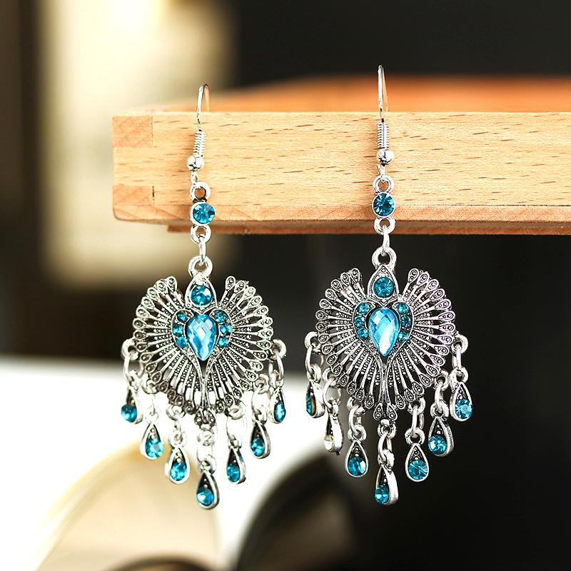Ethnic Vintage Romantic Rose Red Heart Earrings for Women Simple Silver Color Water Drop Tassel Earring Wedding Party Jewelry