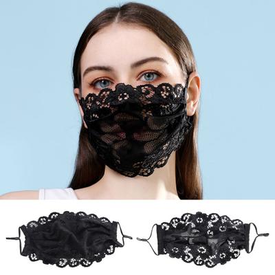 Black Floral Lace Face Guard Adjustable Ear Rope Breathable Single Double Layer Outdoor Cycling Running Summer Women Face Shield Protector