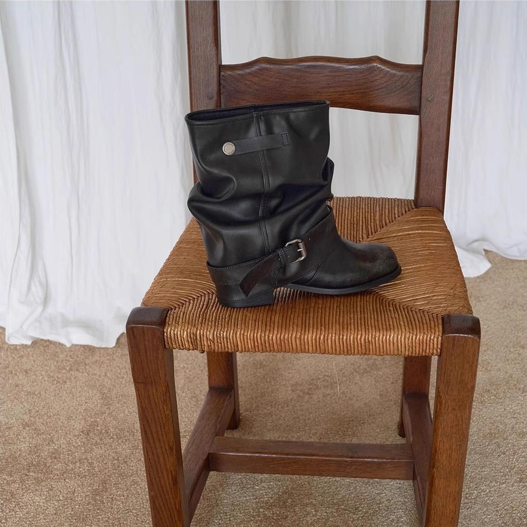 Cowhide version~ Korean niche pleated pile short boots women's autumn and winter round head thin wide trouser leg boots trendy cool Martin