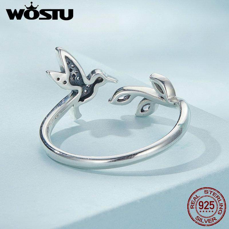 WOSTU 925 Sterling Silver Flower Bird Open Ring For Women Clear CZ Butterfly Adjustable Statement Rings Party Jewelry Gift