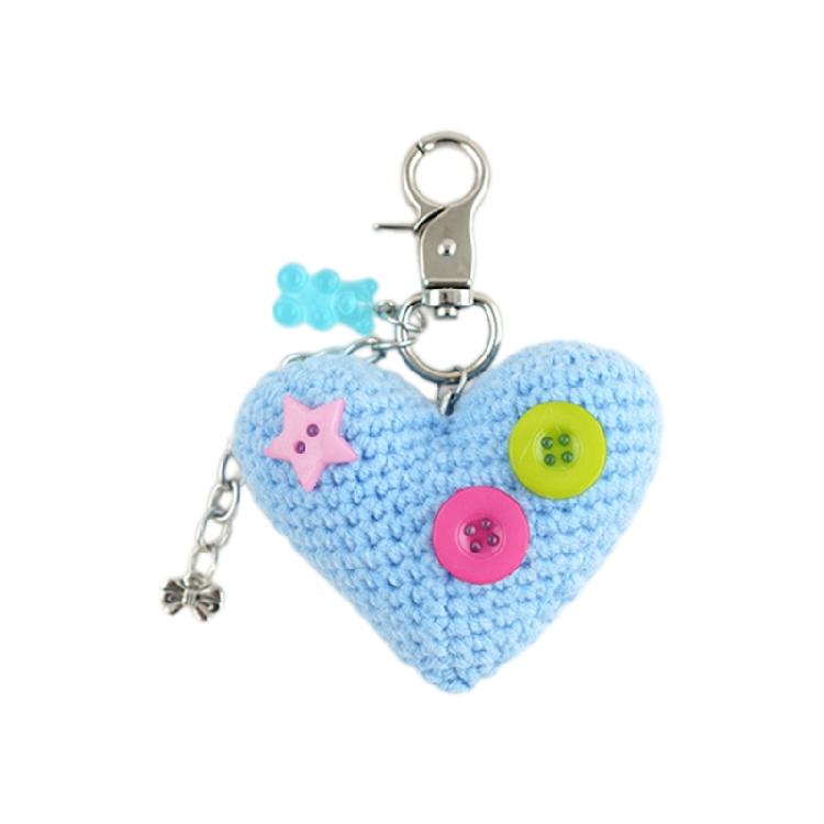 Handmade Knitted Keychain Handwoven Heart with Button Bowknot Pendant Keyring