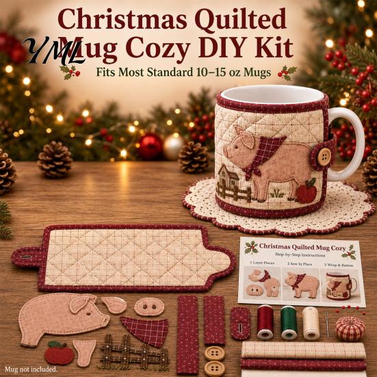 Quilted Mug Sleeve Pattern Farmhouse Friends Cozy Sewing Kit, DIY Animal Cup Craft, Handmade Fabric Craft Supplies Project with Festive Patterns,