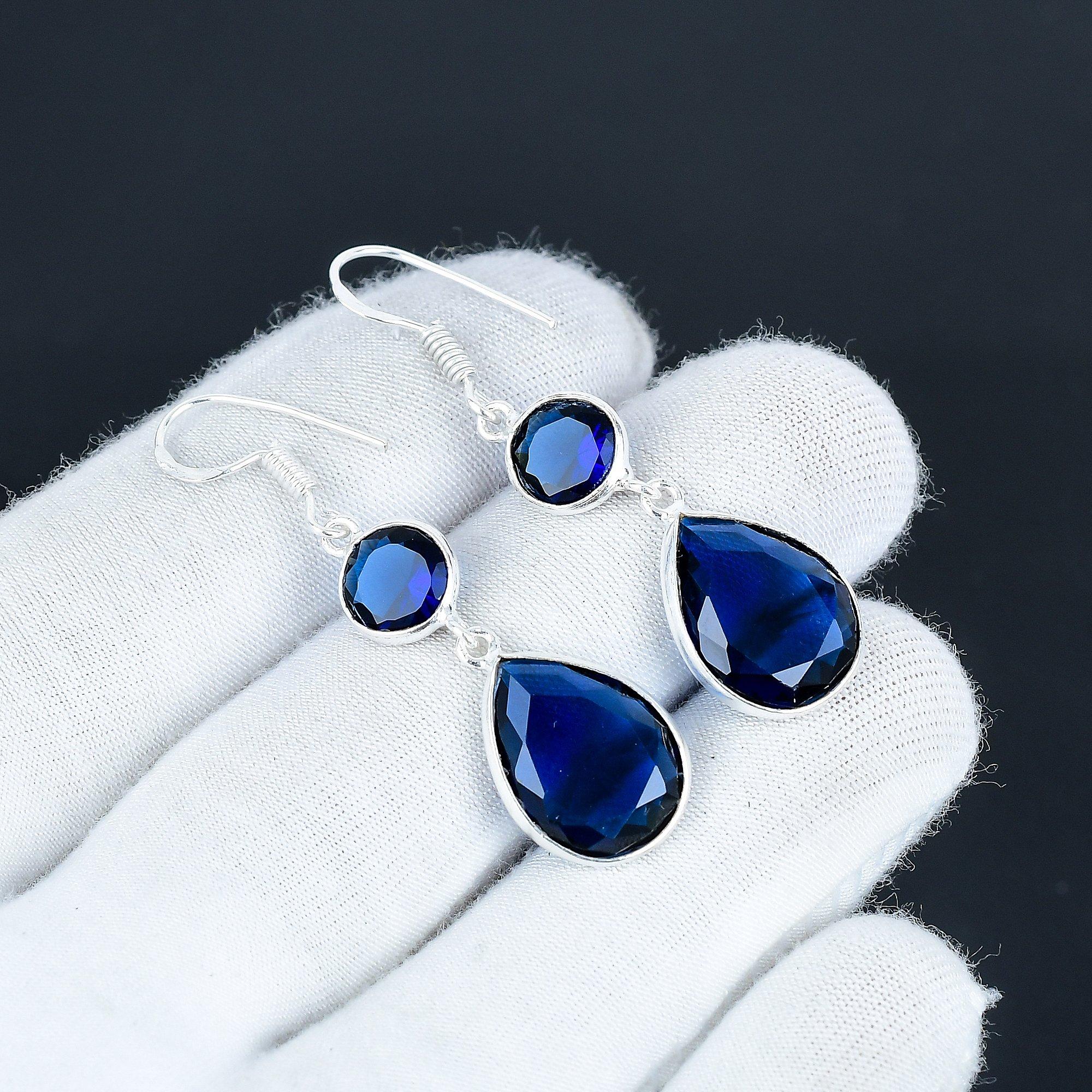 

Изящные серьги с драгоценными камнями из голубого сапфира, серьги из стерлингового серебра 925 пробы, серьги-подвески в стиле бохо ручной работы, подарок для вечеринки 7 Cm синий