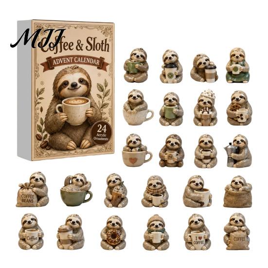 Cute Sloth Pendant Set Advent Calendar, 24Pcs Acrylic 2D Ornament Holiday Collectibles with Vintage Warm-Tone Designs, Christmas Tree Hanging