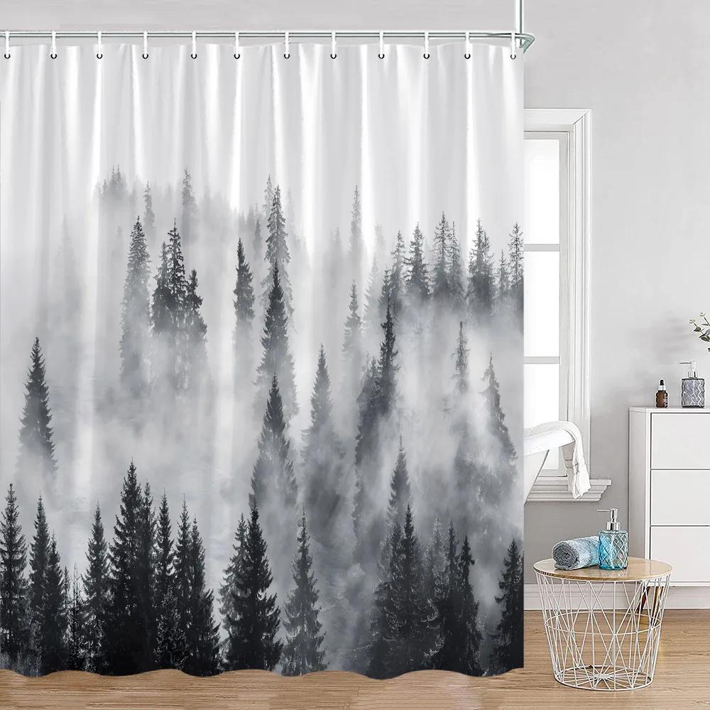 Duschvorhänge mit nebligen Wäldern, verschneite Kiefern, grüne Wälder, Naturlandschaft, minimalistisches Badezimmerdekor, moderner Badevorhang aus Polyester