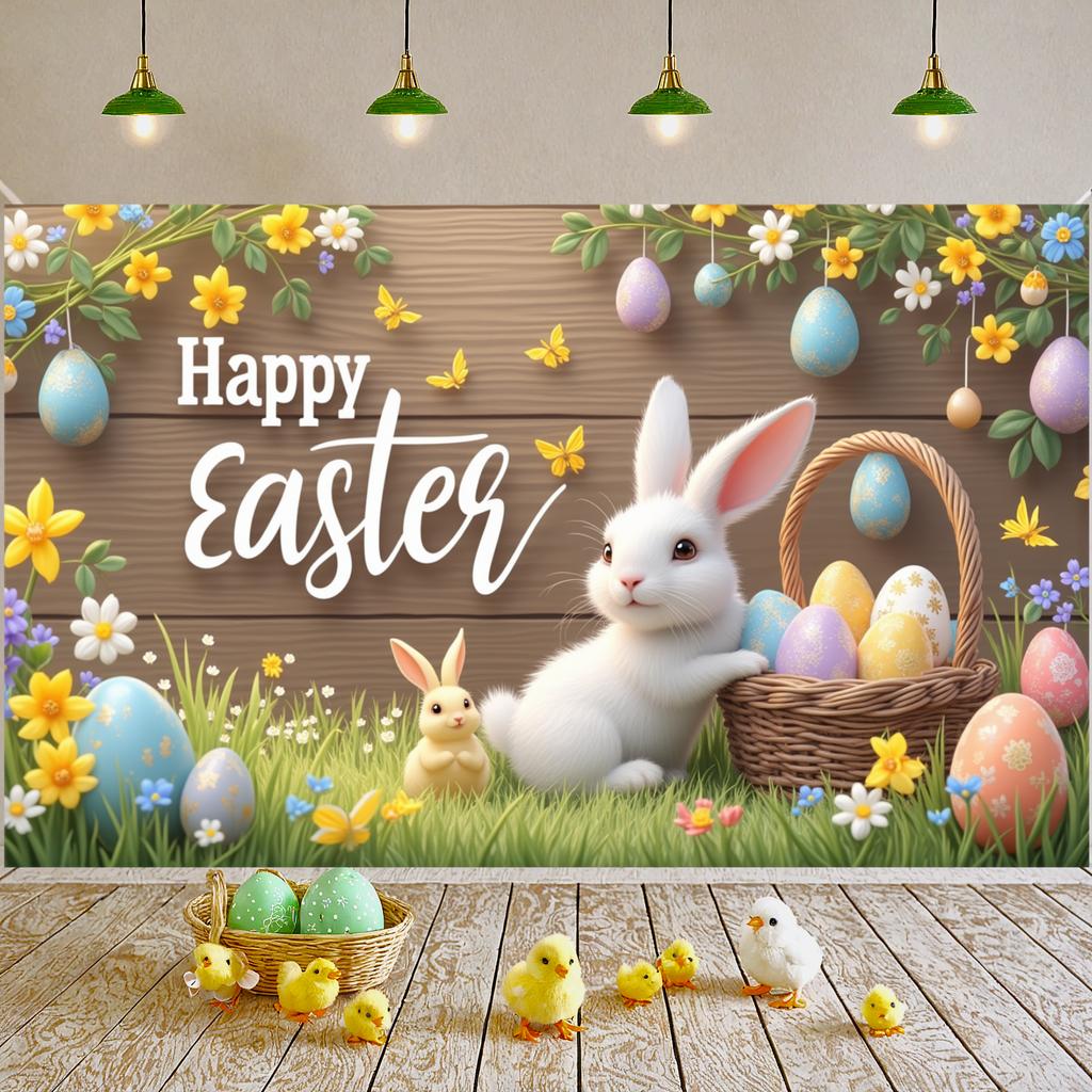 Bunny Background Easter Eggs Decor Easter Backdrop Happy Easter Display Wooden Texture For Family Gathering Spring Celebration