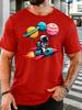 Unisex Astronaut Rocket Planet Space Cartoon Print Cotton Short Sleeve Tee Crew Neck Soft Male Summer Casual Breathable Street Top