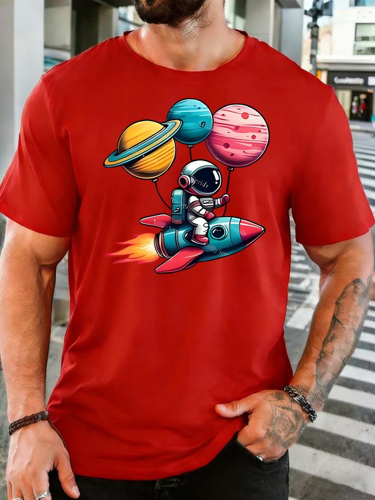Unisex Astronaut Rocket Planet Space Cartoon Print Cotton Short Sleeve Tee Crew Neck Soft Male Summer Casual Breathable Street Top