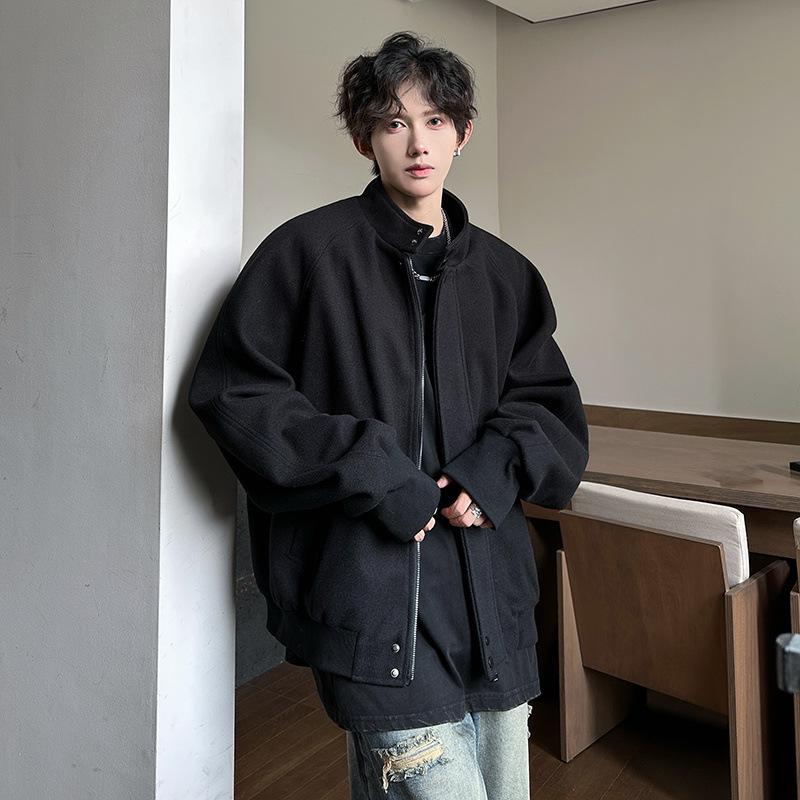 Men's Stand-Collar Woolen Coat - American Silhouette, Heavyweight Short Jacket for Spring/Autumn