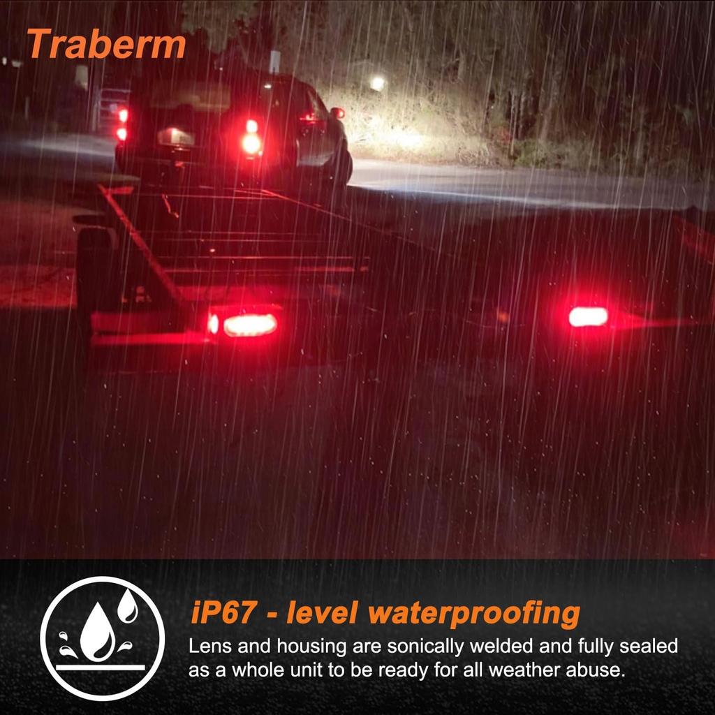 2Pcs Steel Trailer Light Housing Kit w/6' Oval LED Tail Lights & 2' Round Side Markers, Red, 10+4 LED, with Grommets & Connector