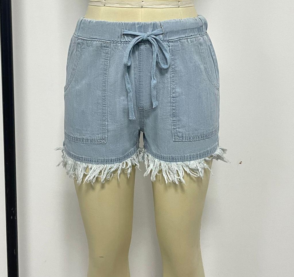 European & American High-Waist Elastic Tassel Denim Shorts for Women