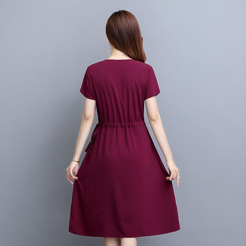 Office Lady Fashion Women Solid Midi Dress Summer New Tunics Slim Elegant Temperament Koreon Female Short Sleeve Casual Sundress