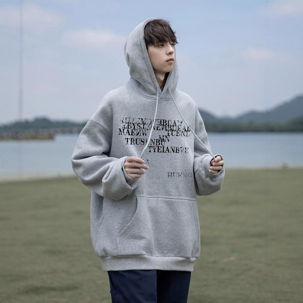 Letter Hooded Sweater Men's Autumn and Winter New Hat Rope Design Loose Fleece Thickened Coat
