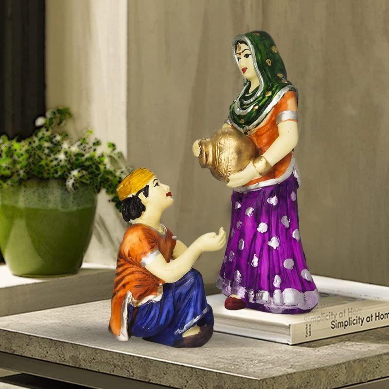 Village Women with Water Pot Idol Statue Decoreative Showpiece for Home Decor | Handcrafted and Hand Painted (Pack of 2, Multicolor)