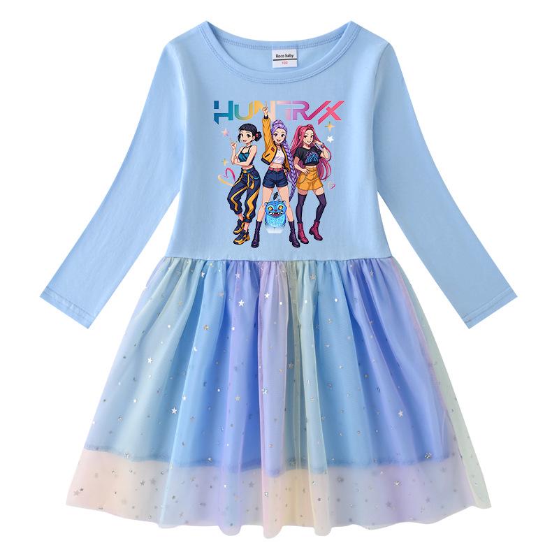 Vestido de Princesa de Malla con Lentejuelas Kpop Demon Slayer para Niñas - Manga Corta