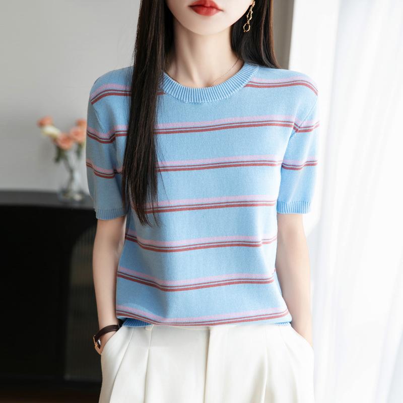 

Женская модная футболка с короткими рукавами и круглым вырезом из чистого хлопка в полоску для лета в корейском стиле, для работы, внутренняя, свободного кроя, универсальный топ XXL синий