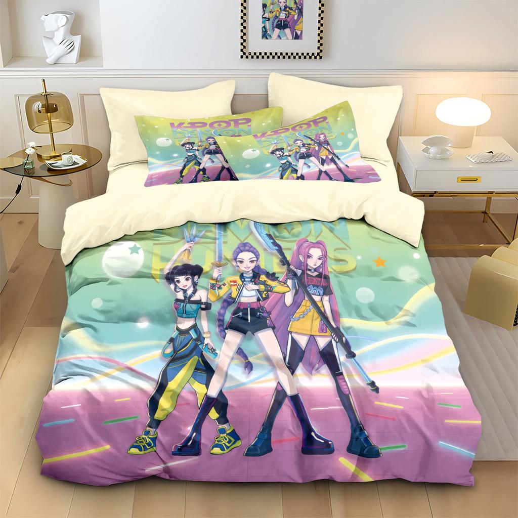 3pcs/set K-Pop Bedding Set Demon Hunters Colorful Print Polyester Student Dormitory Bed Sheet Duvet Cover Kid Gift Home Textile