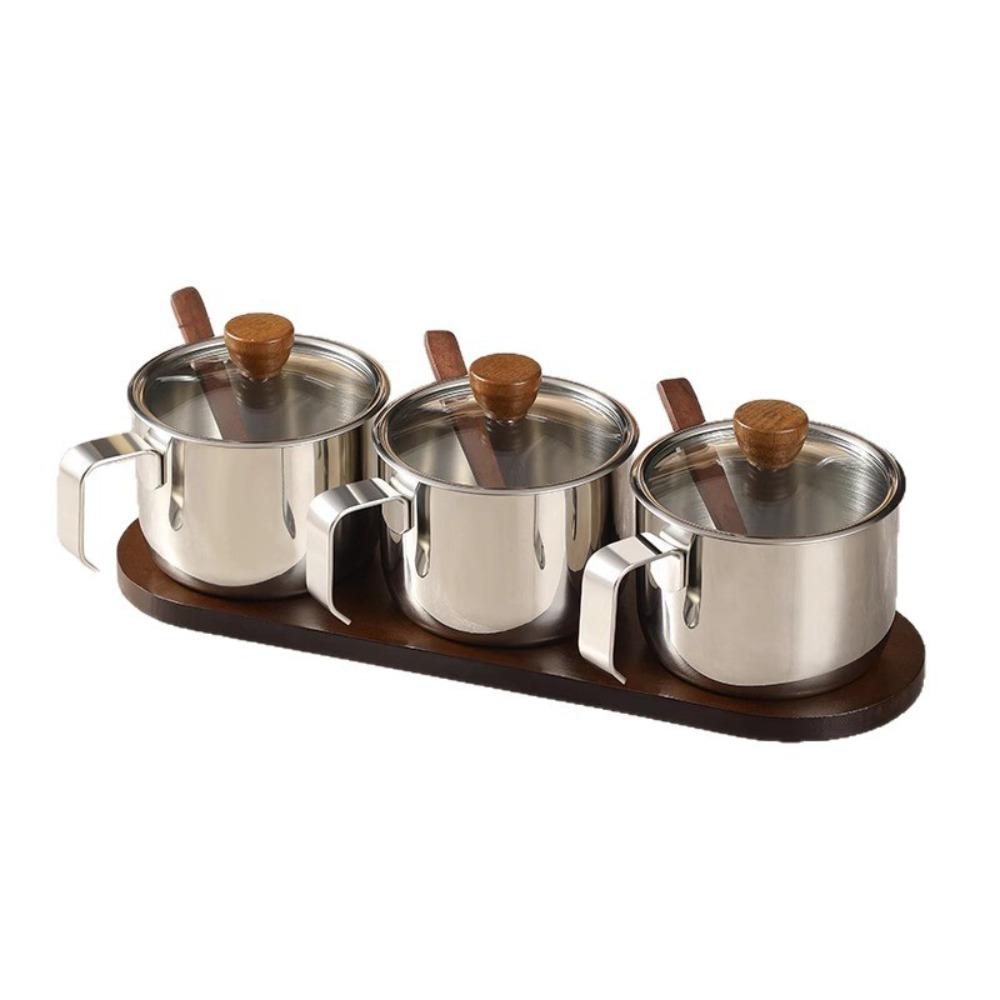 Dust-proof Stainless Steel Seasoning Jar Set With Spoon Tray Salt Storage Container  Sugar