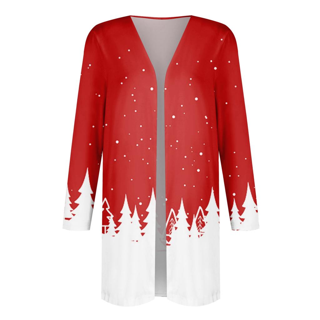 Women's Fashion Casual Christmas Print Mid Length Slim Fit Cardigan Coat