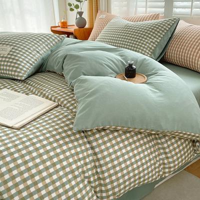 Unprinted Style Four-piece Three-piece Washed Quilt Cover Bedding Set Japanese Style Plaid Duvet Cover