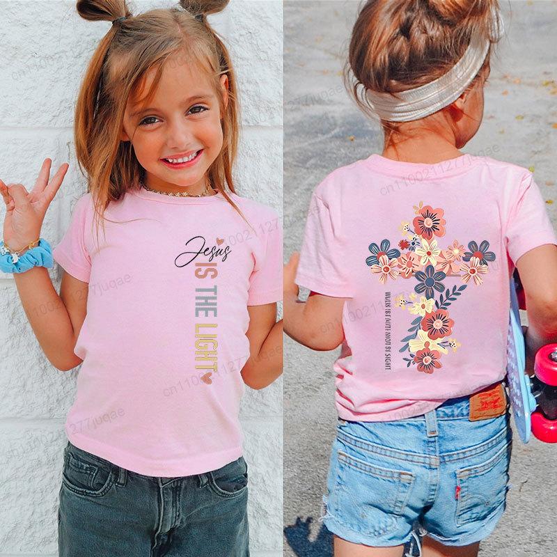 Girls Christian T Shirt Jesus Is The Light Graphic Tee Floral Cross Back Print Short Sleeve Toddler Girls Religious Faith Tops