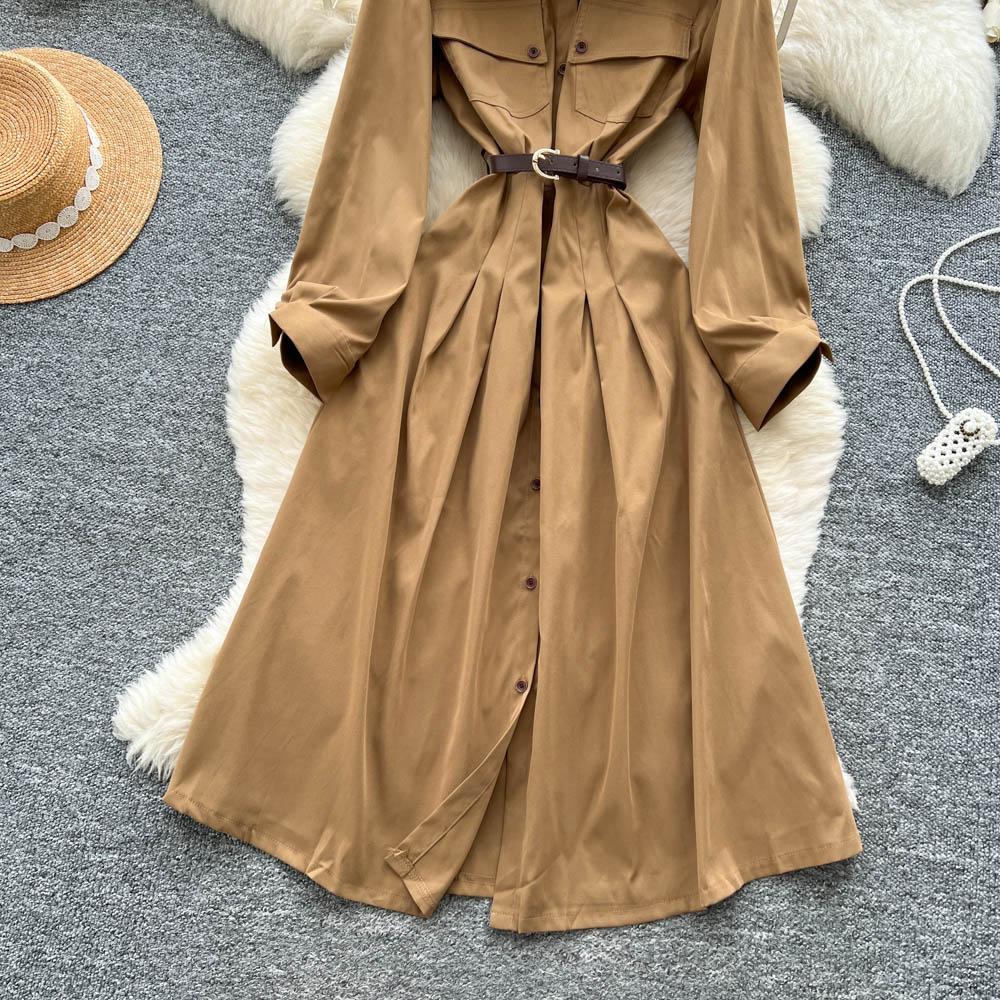 French Light Maturity Minimalist Retro Lapel Long Sleeve Single Button Waist Cinching Dress Women Autumn Slim Fit Elegant Maxi Dresses