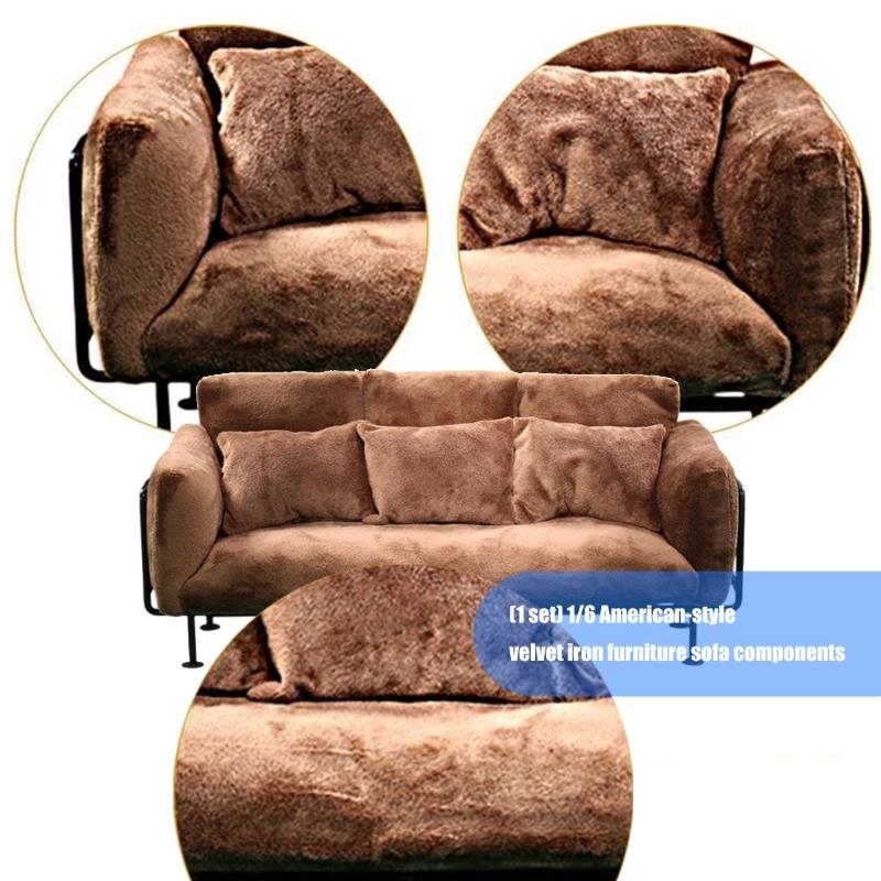 European Styles Velvet Sofa Furniture With Removable Cushion And Metal Frame for 1/6 Doll House Scene Display Accessories