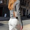 Striped Scoop Neck Slim-fitting T-shirt Women Casual Long Sleeves Button Crop Pullover Sexy Versatile Bottoming Top