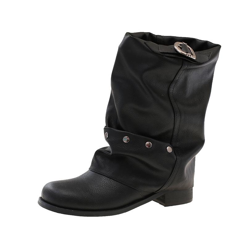 

New short boots suede round head thick sole thick heel high heel one pedal rivet belt buckle decorative female knight boots 35