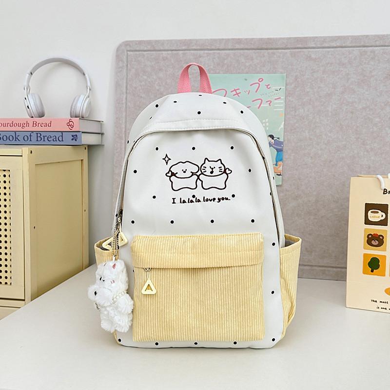 Soft Girl Dot Pattern Nylon Backpack With Cartoon Puppy And Polka Dot Print Designfor Teens And Adults