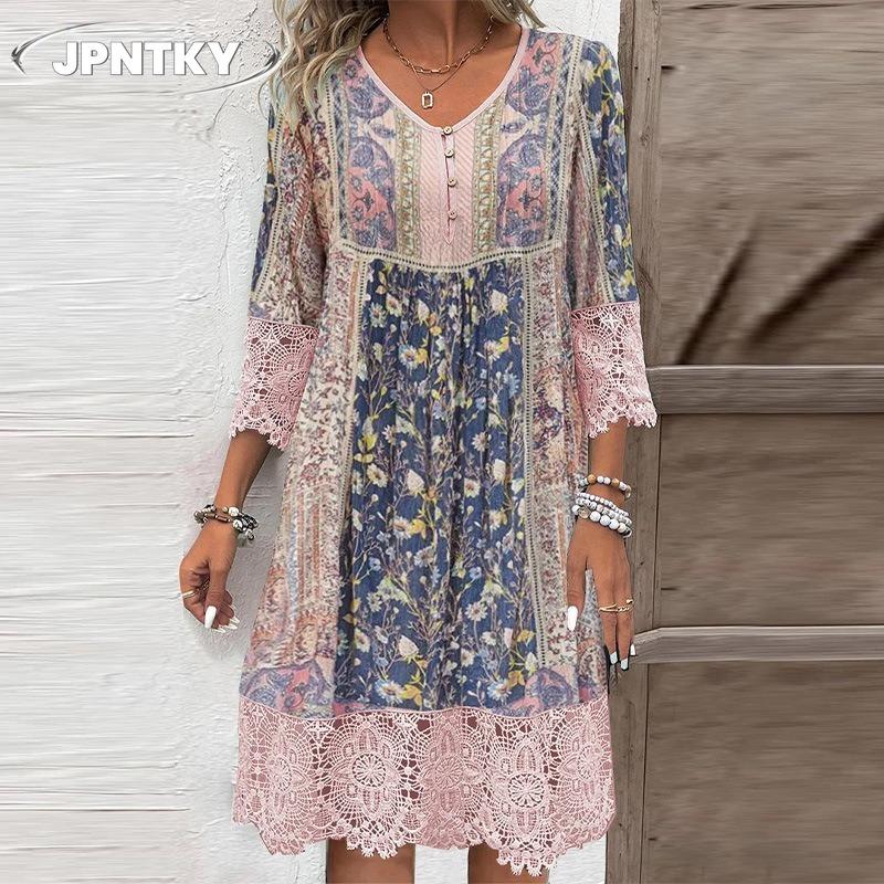 JPNTKYWomen's Fashion Summer Spring 4/3 Sleeve V-Neck Casual Dresses