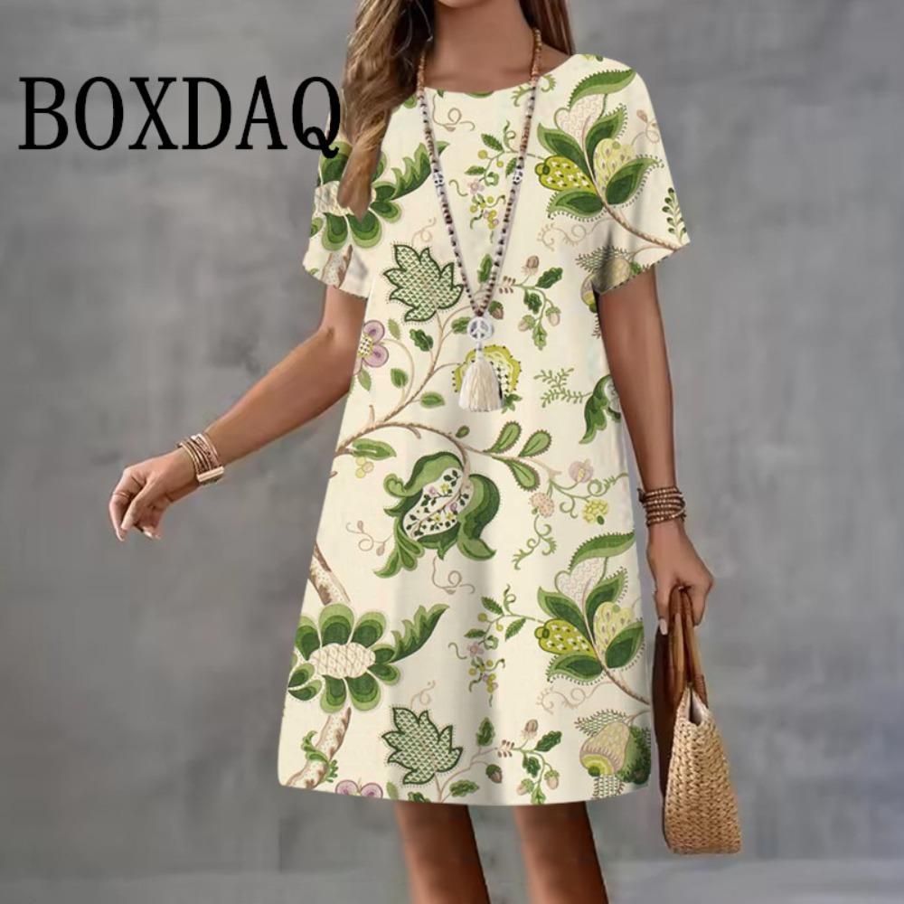 Summer Woman Clothing Short Sleeve Dresses Flower Printing Midi Dress 3D Retro Women's Clothing Loose Casual Round Neck Pullover