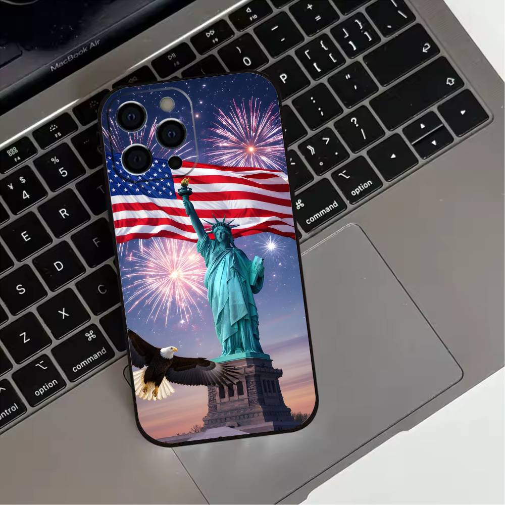 America USA Flag S-Statue Liberty  Phone Case For iPhone 17,16,15,14,13,12,11 Plus,Pro Max,XS,Soft Silicone Black Cover