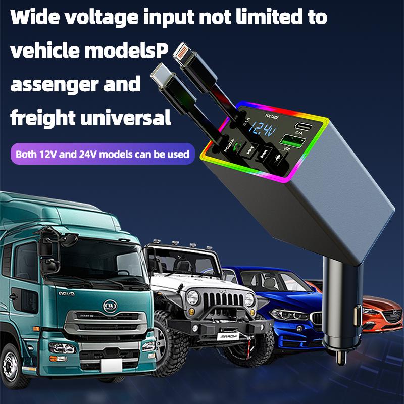 Car Bluetooth MP3 FM Transmitter 4-in-1 120W Fast Charge Retractable Cable Car Charger with Colorful Light Built-in Media Player