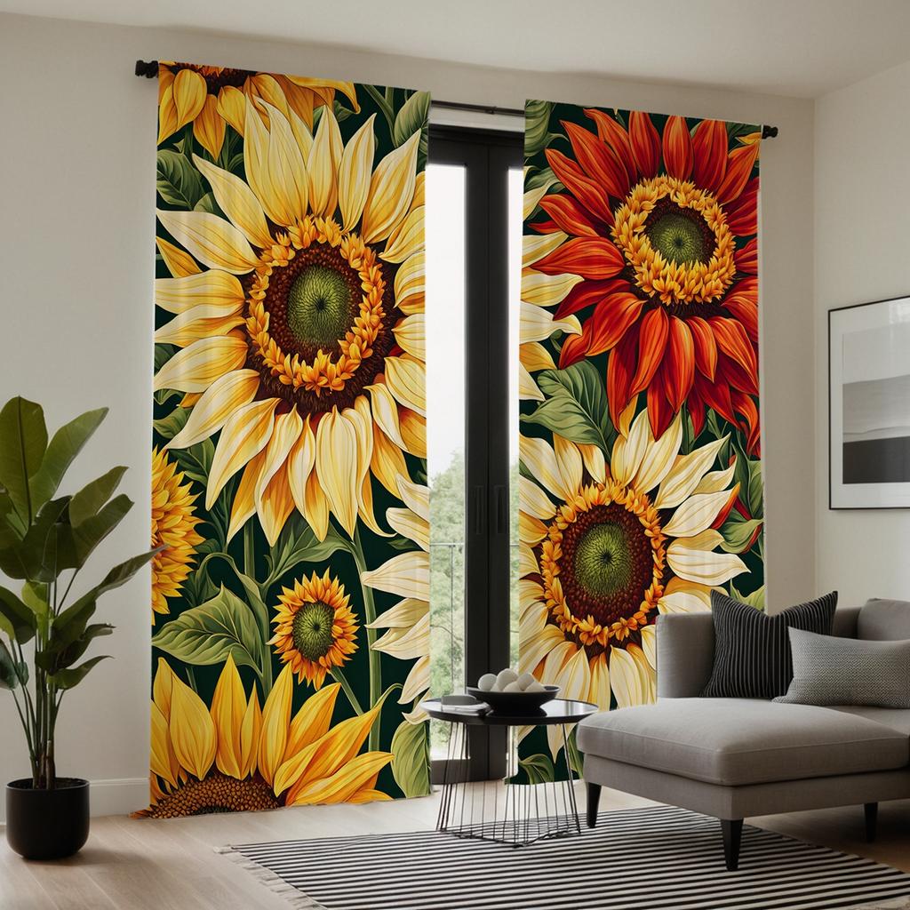 2pcs HD Full Garden Sunflower Flower Decorative Curtain Yellow Tie Digital Printed Curtain Home Decoration Style Decoration L