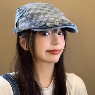 Plaid Denim Forward Hat Beret Female Reverse Wearing Washed Retro Big Head Circumference Painter Hat Spring and Autumn Women's