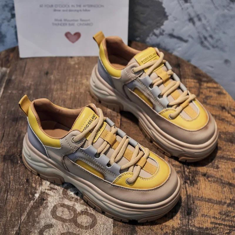 New Spring Autumn Shoes Women Fashion Sneakers Genuine Leather Shoes Height Increasing 5cm Flat Brand Ladies Casual DX304