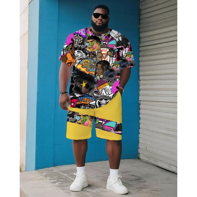 Conjunto Informal de Verano para Hombre Tallas Grandes - Camiseta de Manga Corta con Estampado Integral de Leyendas del Hip-Hop y Pantalones Cortos