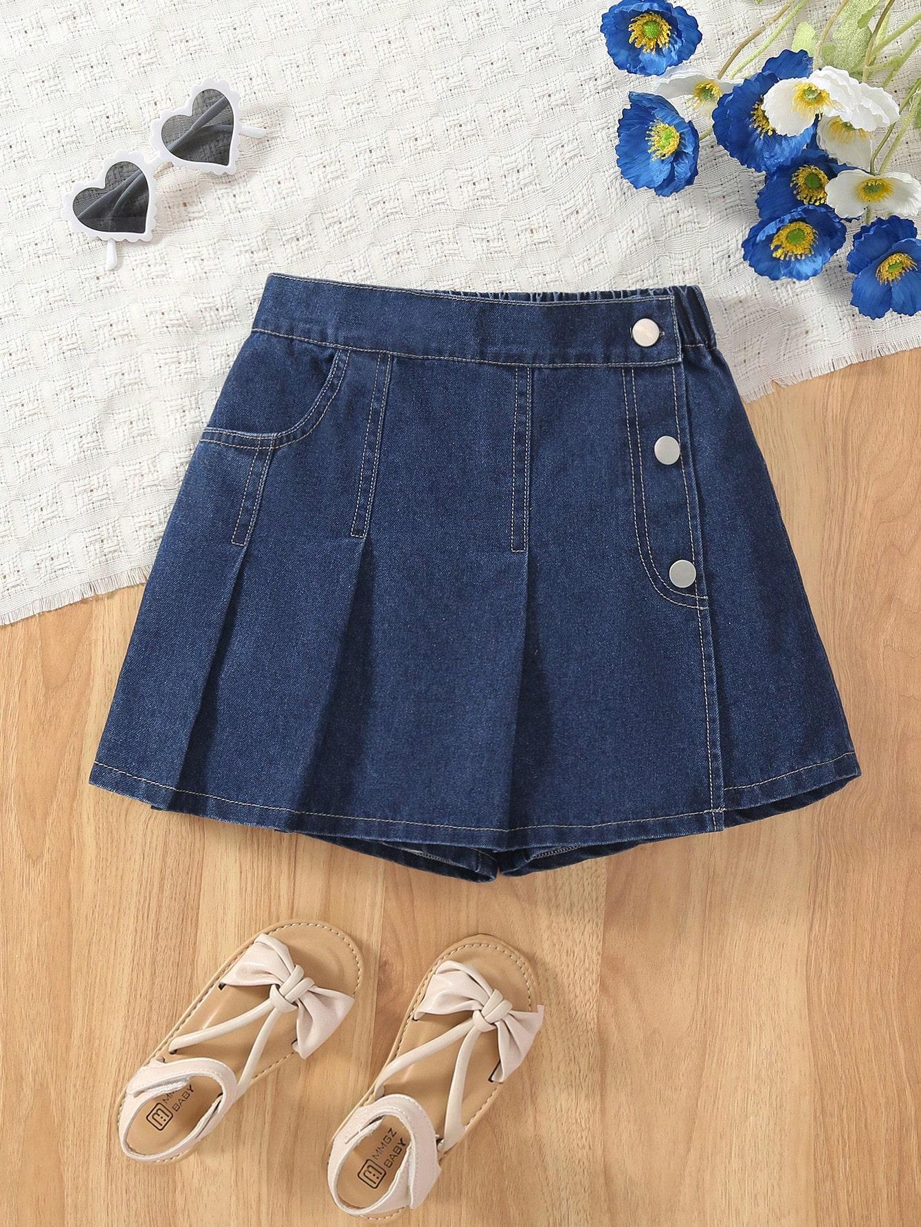 

Single-piece girls outdoor casual simple sports party elegant cute versatile button-down dark blue washed denim skirt and pants 8Y темно-синий