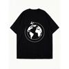 Oversized T Shirt Black Globe And Airplane Print Casual Wear For Travel And Everyday Style
