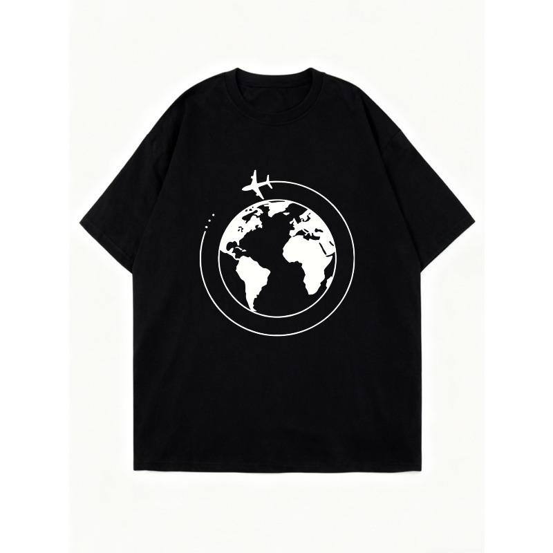 Oversized T Shirt Black Globe And Airplane Print Casual Wear For Travel And Everyday Style