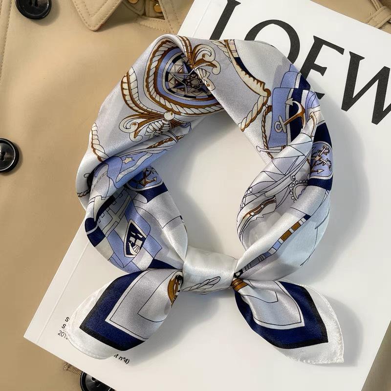 Dámský béžový hedvábný šátek - 53 cm Korejský styl Tištěný čtverec, 100% morušové hedvábí na jaro/léto