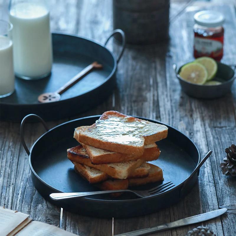 Retro Originality Home Storage Tray Metal Iron Art Binaural Plate Fruit Desserts Bread Delicious Food Photograph Decorate Prop