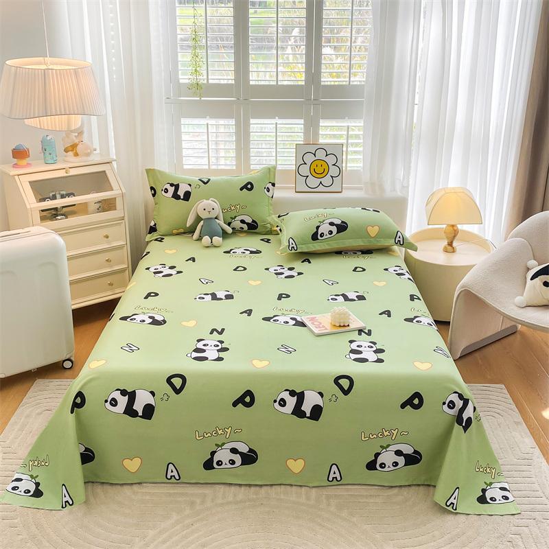 Cute Cartoon Panda Flat Sheet Kawaii Love Heart Bed Sheet Set for Girls Boys Room Decor Cotton Twin Bed Cover with 2 Pillowcase