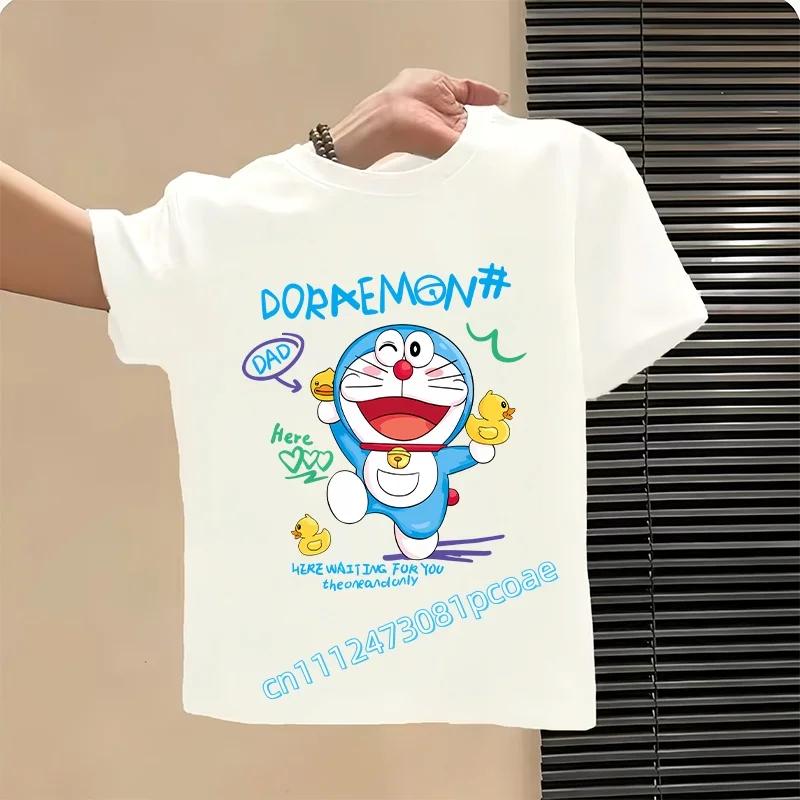 Doraemon Children's Pure Polyester Short-Sleeved Boys' Sports Shirt, Girls' Casual Top, Big Bear Cartoon Print Summer T-Shirt