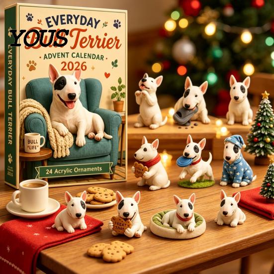 Holiday Countdown Calendar Everyday Bull Terrier Advent 2026, 24 Day Christmas with Winter Activity Acrylic Ornaments, Decorative Collectible for Dog
